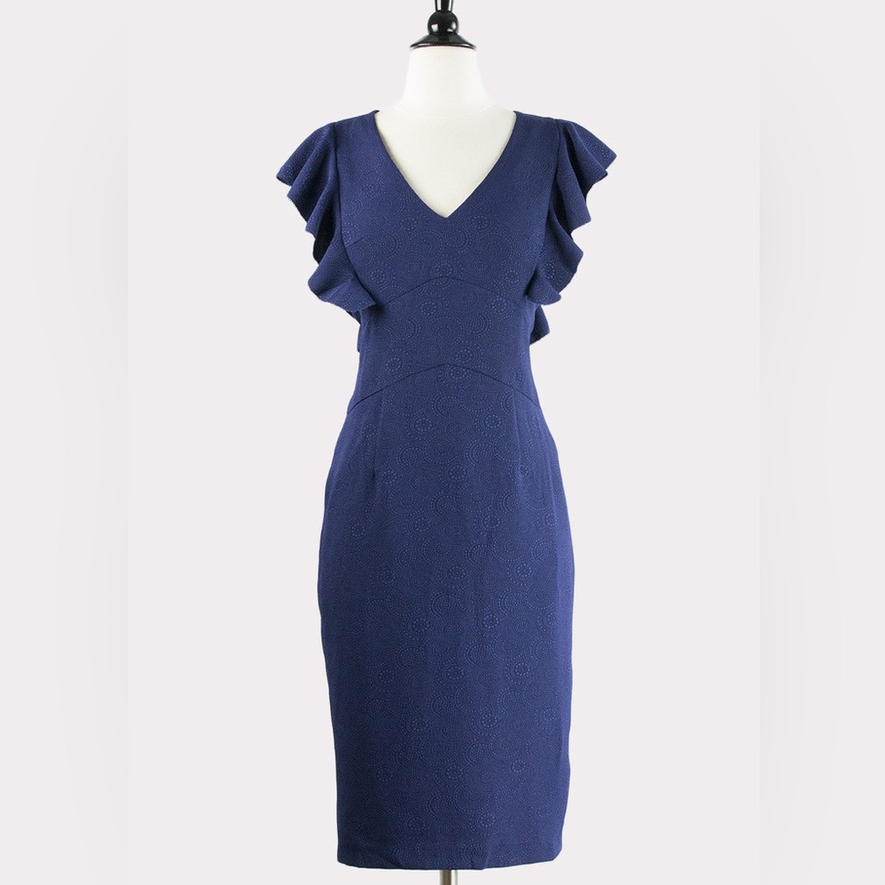 Traffic People Navy Blue Textured Ruffle Accent Fitted Stretch Midi Dress, Med